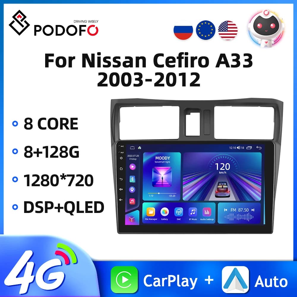 Podofo 9 ''Android Autoradio Per Nissan Cefiro A33 2003-2012 Lettore Multimediale Carplay Android Auto GPS AI Voce 8Core Car Audio