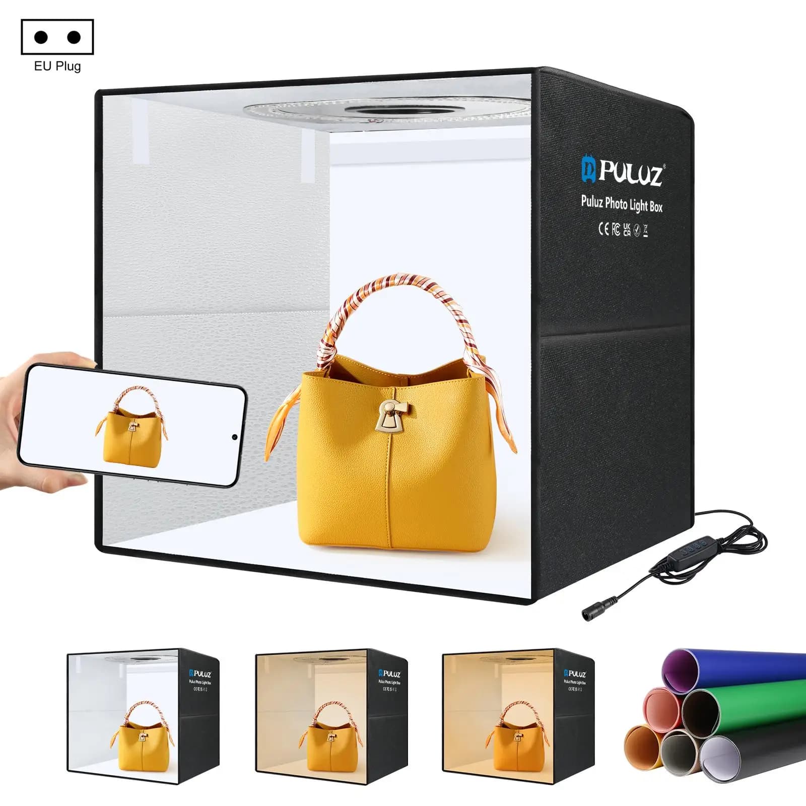 PULUZ Photo Frame 50cm Foldable with Ring Light and 6 Bifacial Backgrounds, Table Photo Box