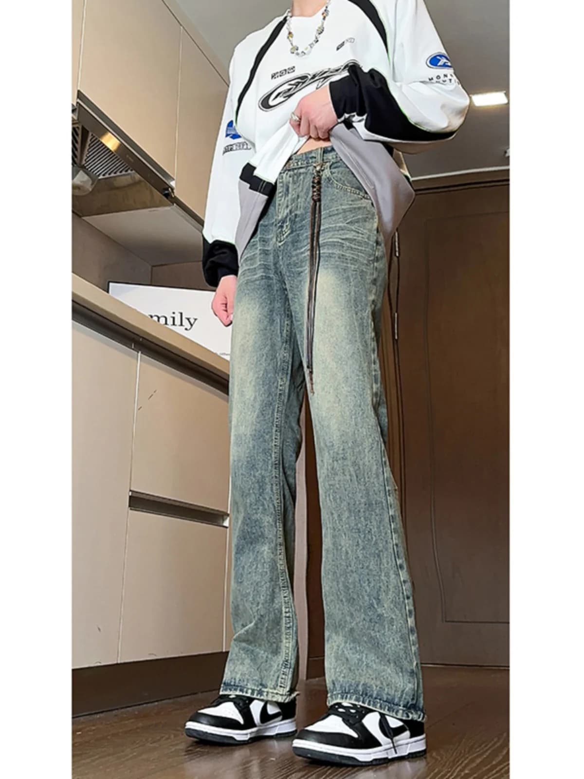 Retro Blue Bamboo Node Flared Jeans Men's CleanFit HighStreet American Wa Trendy Brand Haome Long Pants