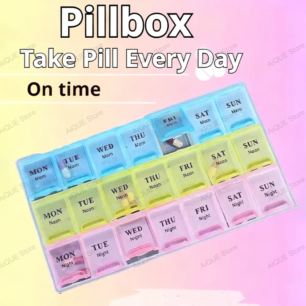 AiQUE Portable Travel Pill Box Cases Organizer 7 Days 21 Grids 3 Times One Day with Large Compartments for Vitamins Medicine