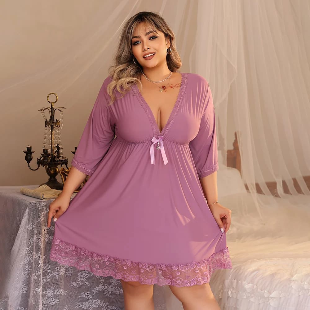 Camicia da Notte Plus Size da Donna con Bordo in Pizzo - Vestito da Notte a Trapezio con Volant e Fiocco, Lingerie Rosa Morbido e Dolce, Sexy Abbigliamento da Notte Corto