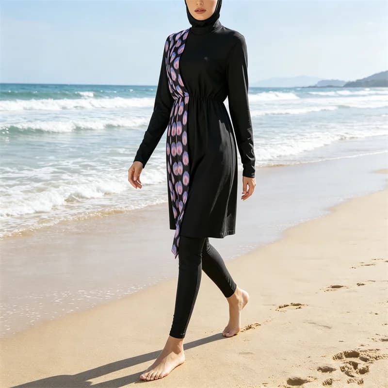 Costume da bagno islamico da donna musulmana, patchwork, a maniche lunghe, con hijab, pantaloni e copertura completa, Burkini
