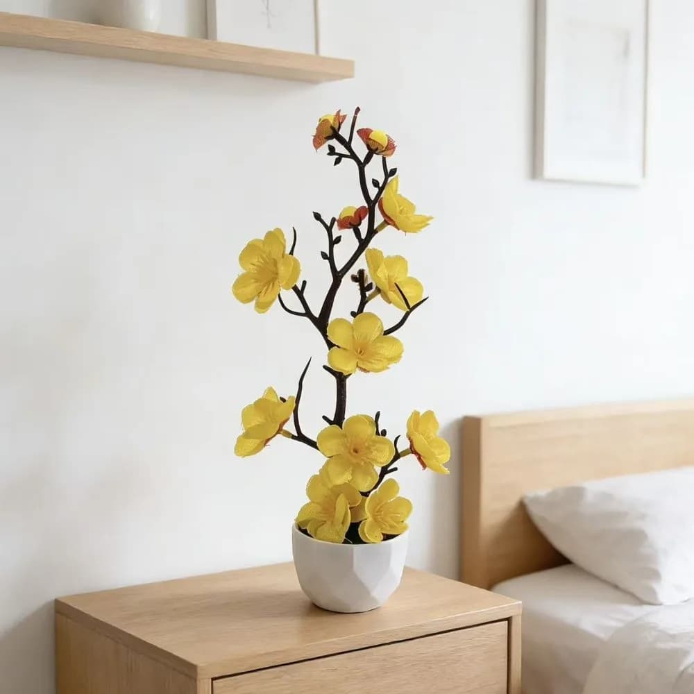 Pianta Artificiale di Prugnolo Rosso in Vaso Bianco, Piccolo Bonsai di Fiori di Inverno Finti, Multi-Fioritura in Plastica