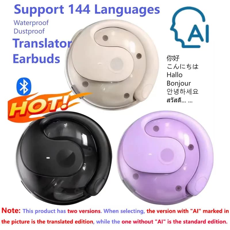 AI translation headphones in 144 languages: wireless style with ear hook for real-time communication during travel