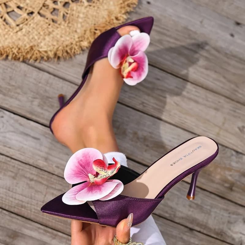Sandali Eleganti da Donna con Tacco Alto, Decorazione Floreale, Punta Aperta, per Feste e Occasioni Casual all'Aperto