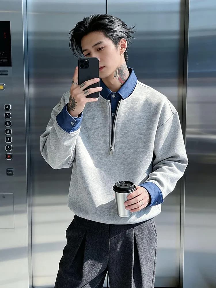 Felpa con cappuccio e zip da uomo, invernale, in pile spesso, a maniche lunghe, con colletto, stile americano, casual