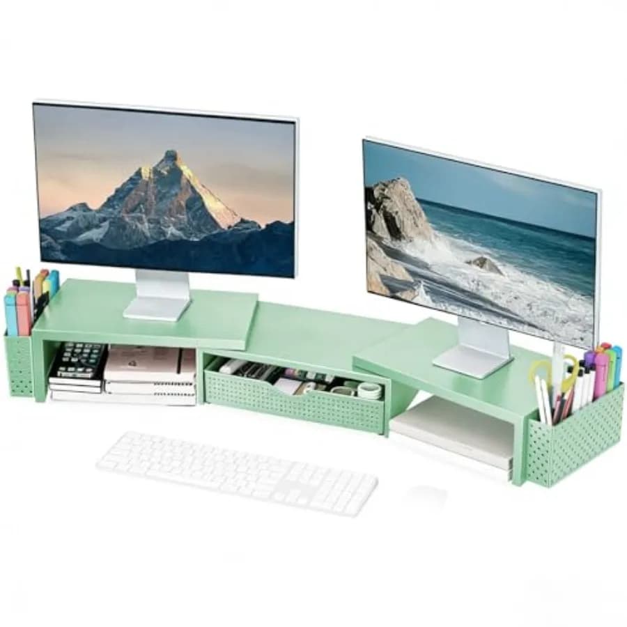 Metal Desk Organizers and Accessories, Dual Monitor Stand Riser with Drawer and 2 Pen Holders, Book Racks, Desk Accessories and