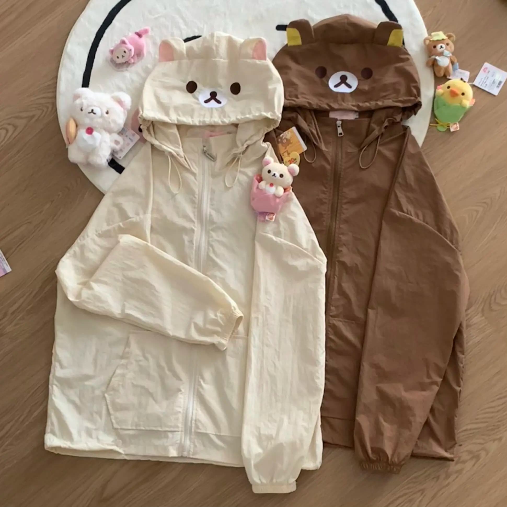 Cute Rilakkuma 3D Bear Ear Hooded Windbreaker Cartoon Bear Face Zip Coat Loose Light Casual Outerwear For Daily Wear