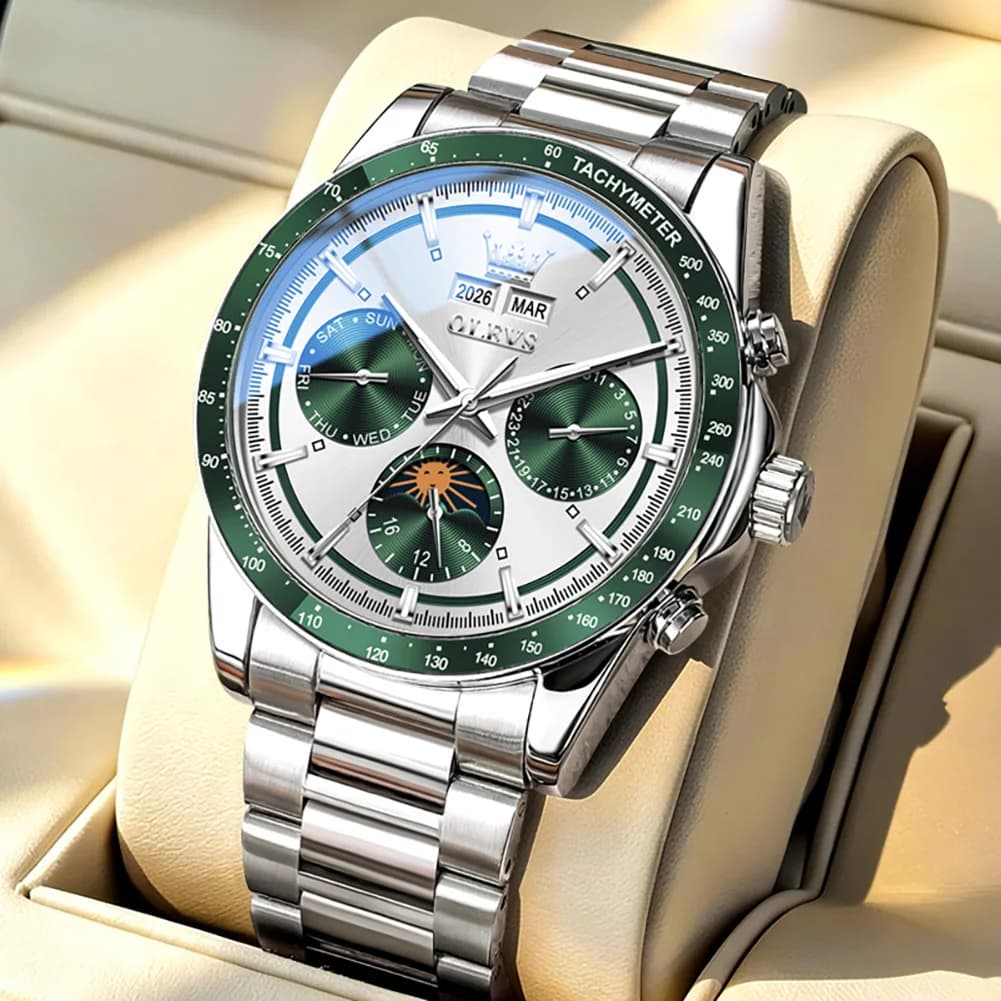 OLEVS Men Automatic Wristwatch Tachymeter Bezel Moon Phase Week Month Date Display Stainless Steel Waterproof Sport Watch