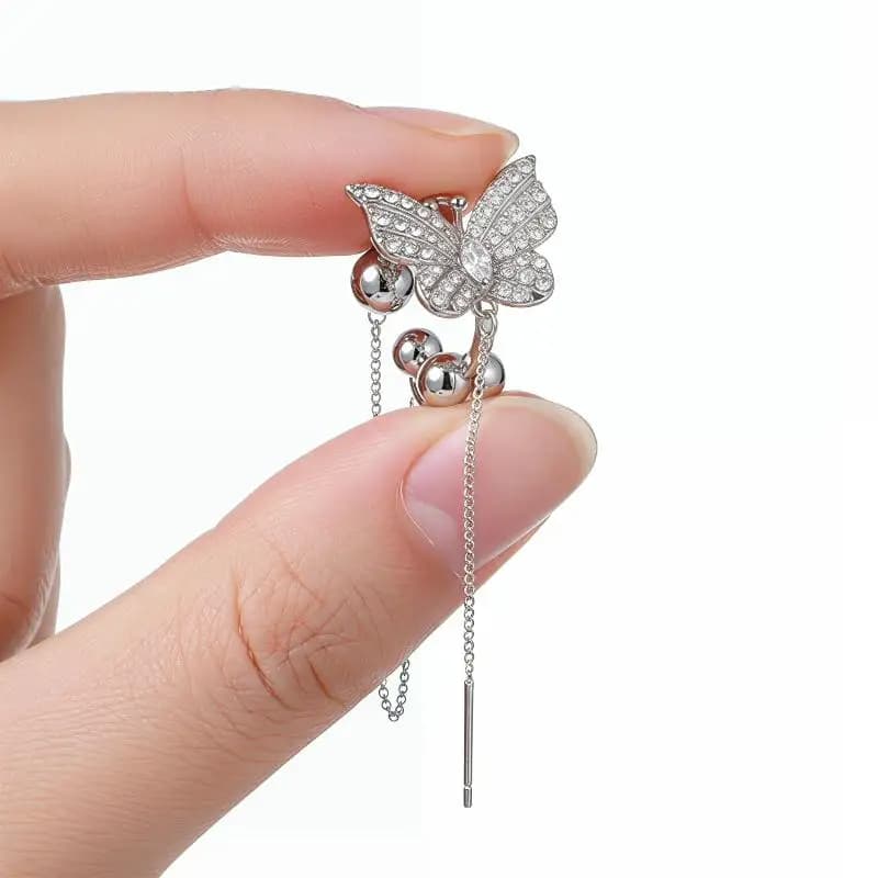 2Pcs Rhinestone Drop Earrings Fashion Full Rhinestone Butterfly Ear-Clip Drop Earrings For Freeclip Wireless Earphone Accessory