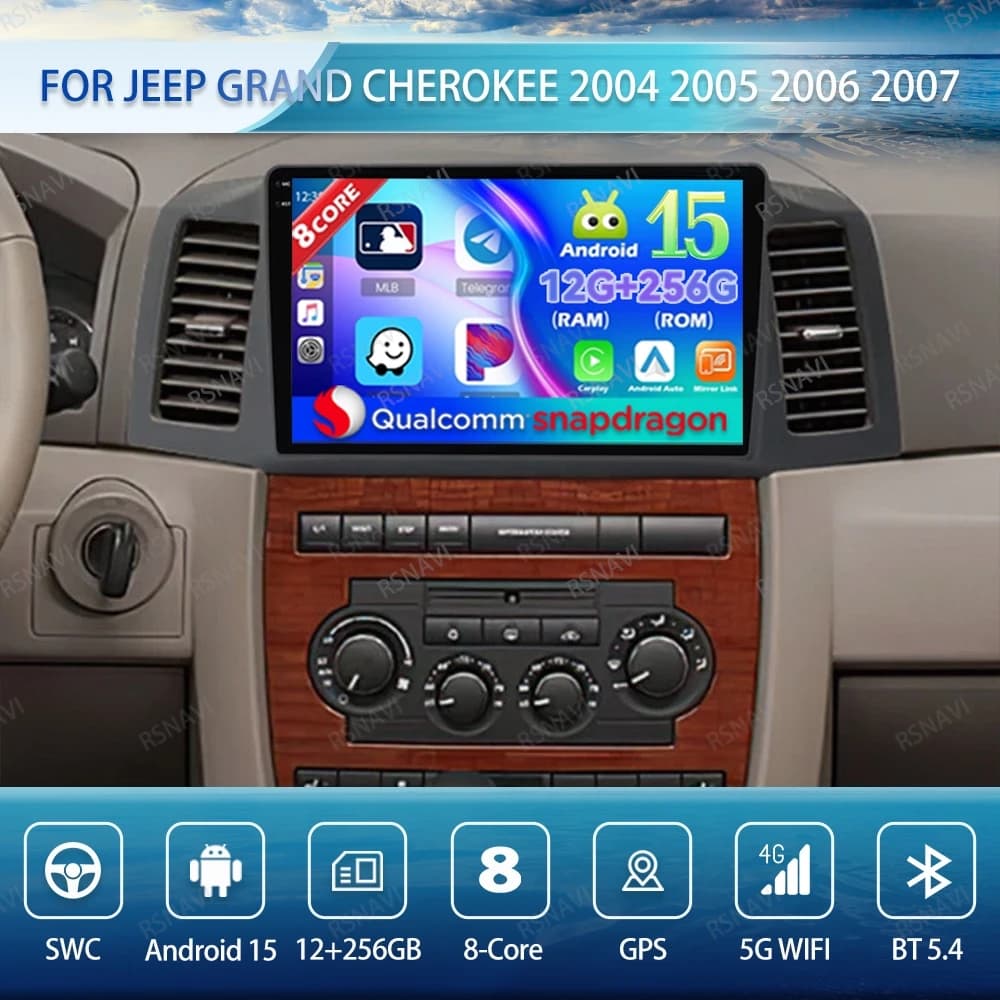 Android 15 Autoradio Per Jeep Grand Cherokee 2004 2005 2006 2007 BT 5G WIFI Wireless Carplay Auto 4G LTE Qualcomm Autoradio