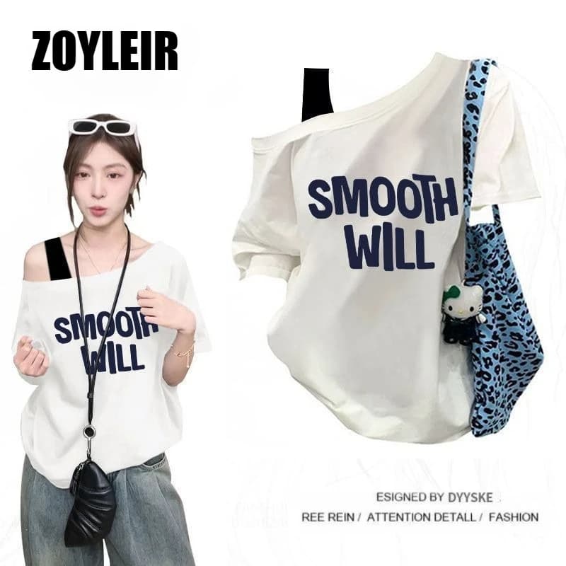 Elegante T-shirt estiva monospalla da donna, finto due pezzi, oversize, con stampa grafica, a maniche corte, top sportivo casual