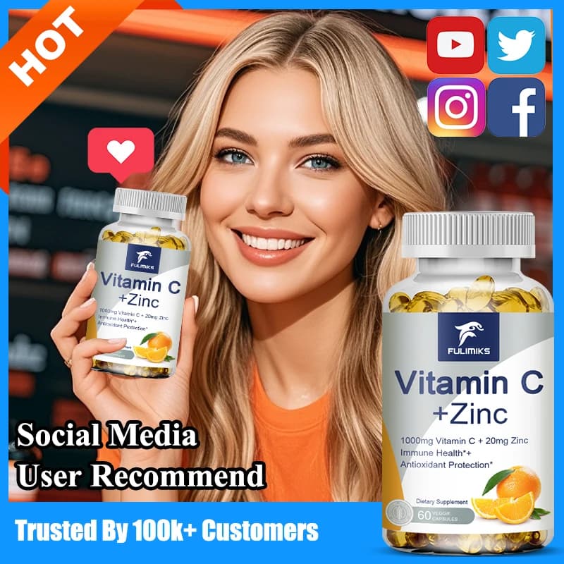 Premium vitamin C supplement + zinc, for immune enhancement, heart health, hair health, skin and nails, suitable for metabolism, men and women