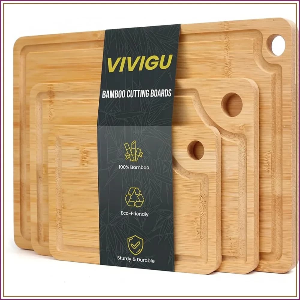 3-Piece Bamboo Cutting Boards Set with Juice Grooves for Kitchen, Durable Wood Chopping Boards for Meat, Vegetables, Fruits, Serving