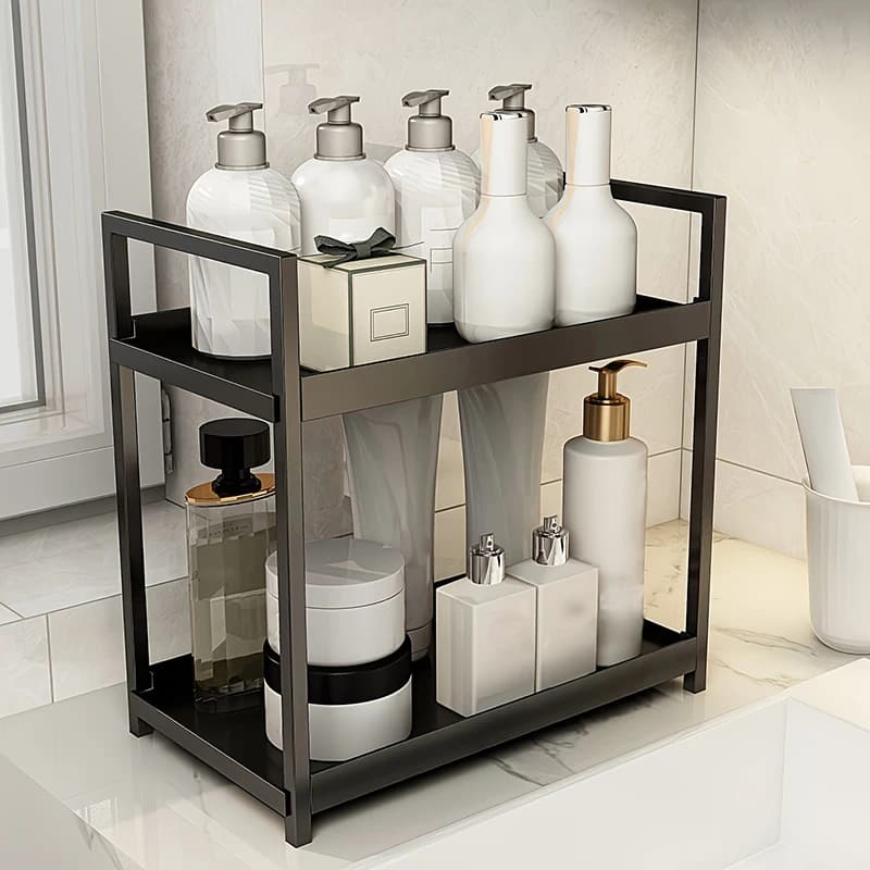 Vanity Table with Double-layer Design, Bathroom Storage Rack, Skincare & Cosmetics Organizer, Home Office Countertop Shelf