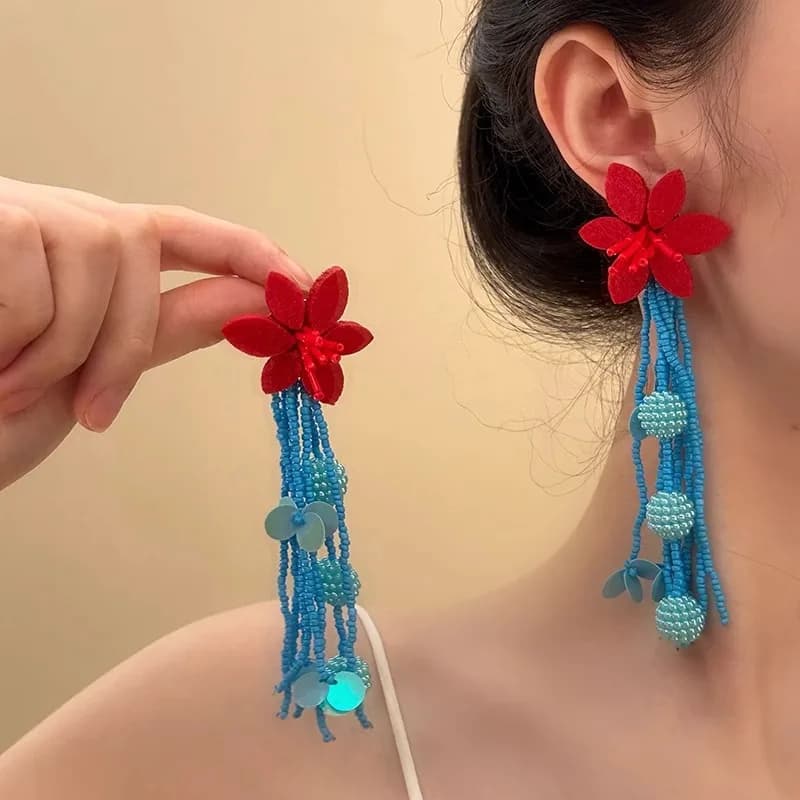 2026 holiday style seaside fashion exaggerated earrings spring and summer new contrasting color flower fringed earrings women