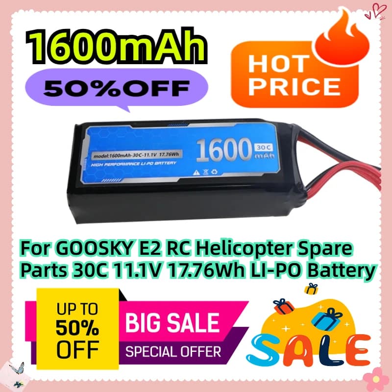 Batteria LI-PO 1600mAh 30C 11.1V 17.76Wh per Ricambi Elicottero RC GOOSKY E2