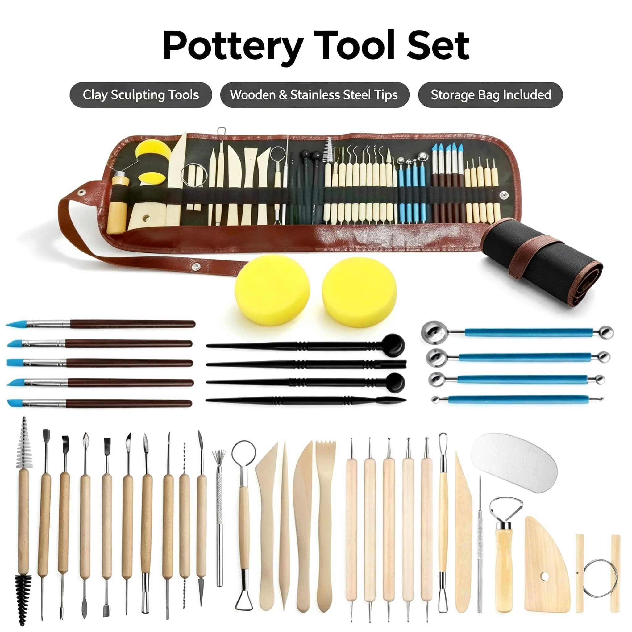 Pottery Sculpting Tool Set, Clay Modeling Carving Tools Kit with Roll Up Bag for Ceramics, Polymer Clay, DIY Handmade Art