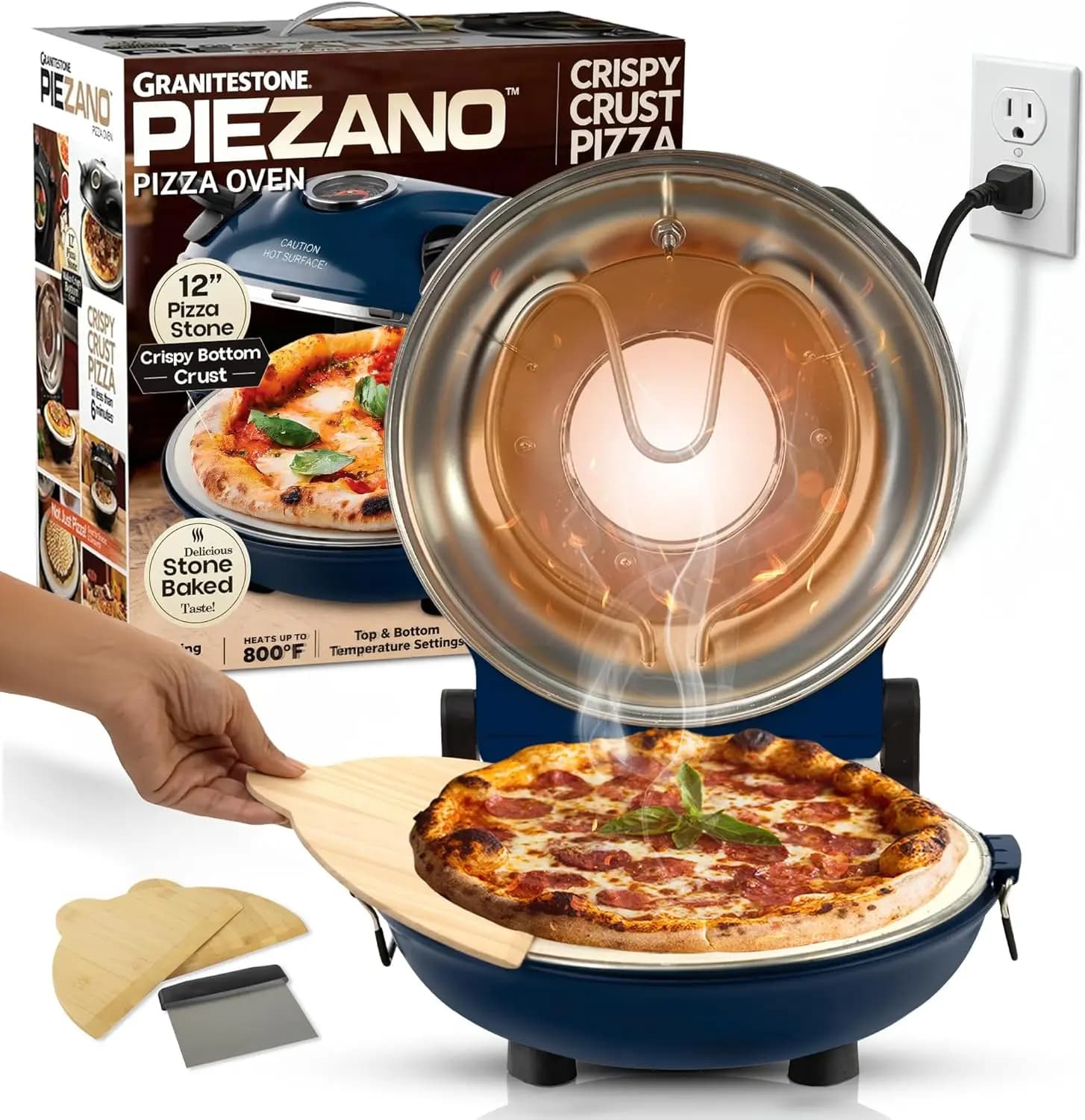 Forno Elettrico per Pizza da Interno Portatile, da 12 Pollici da Appoggio, Riscalda fino a 800 Gradi ° Pizza Croccante al Forno su Pietra per Casa - Navy
