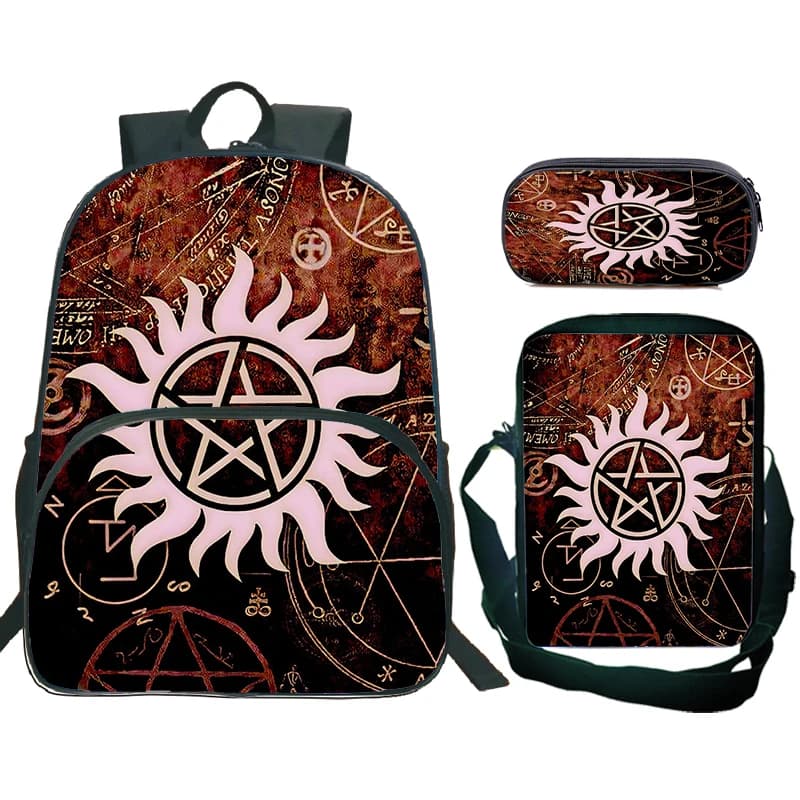 Set da 3 pezzi Zaino per bambini soprannaturale SPN con borse a tracolla, astuccio Borse da scuola soprannaturali per ragazze dei ragazzi Miglior regalo