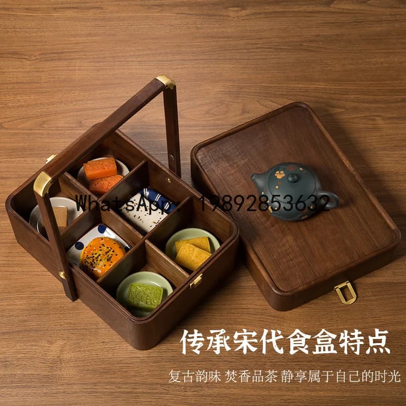Scatola portaoggetti in legno massello di noce nero X-22, scatola portatile per frutta con maniglia, divisa in scomparti, nuova scatola per frutta secca in stile chinoiserie.