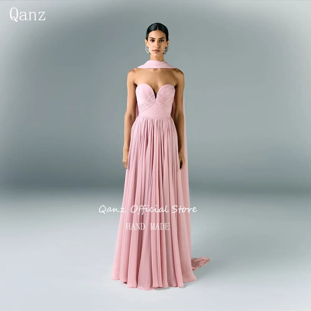 Qanz Elegant Chiffon Evening Dresses Pink with Scarf Floor Length Abiti Per Occasioni Formali Backless Prom Dresses Customized