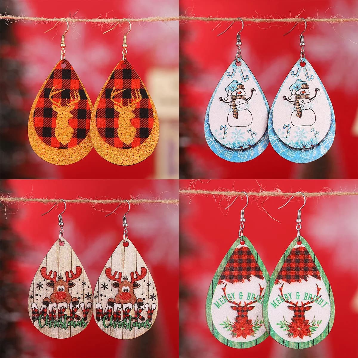 nuovo pupazzo di neve di Natale plaid nero e rosso alce orecchini pendenti con goccia d'acqua Orecchini bifacciali in pelle PU