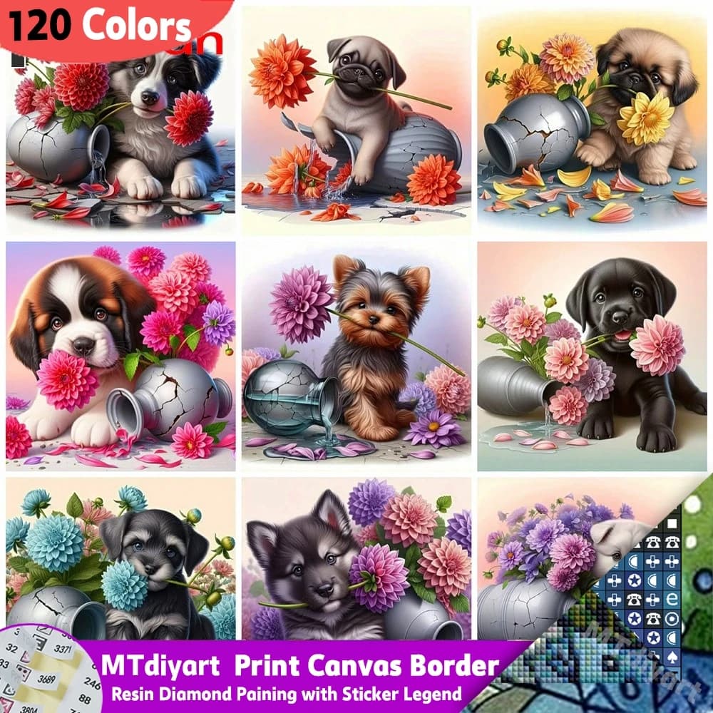 Resin 120 Colors Dog 5D DIY Diamond Painting Animal Full Drill Mosaic Flower Home Decorative Rhinestone Handmade Gift Set