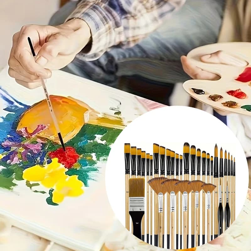 32PCS/Pack Nylon Paint Brush Set Wooden Handle for Acrylic Oil Watercolor Painting Round Flat Fan Angled Tip Artist Supplies ZYF