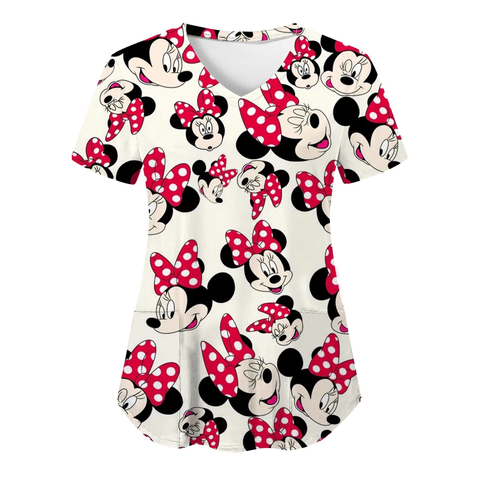 T-shirt da infermiera con tasca, abbigliamento donna, T-shirt Minnie Mouse, top scollo a V, top ospedaliero Mickey, T-shirt donna Estate 2026