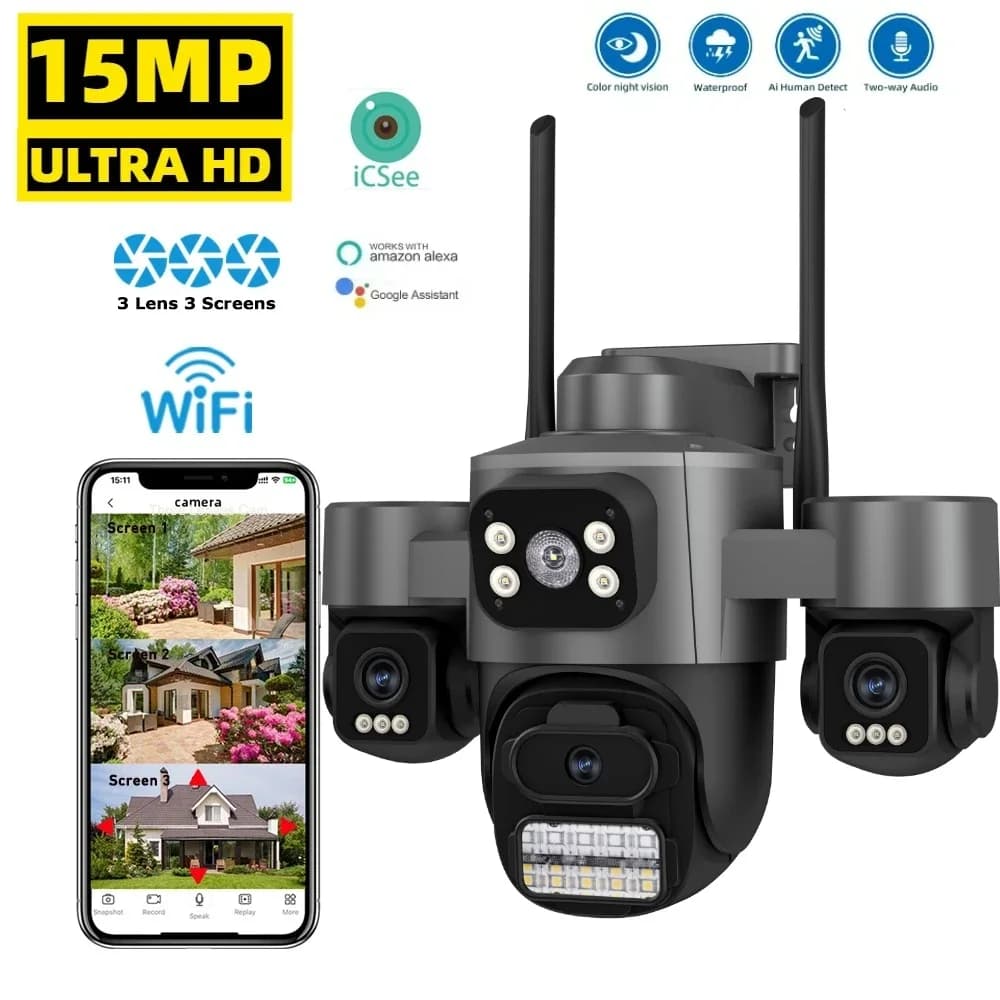 Telecamera IP WIFI HD 15MP a Tre Schermi per Esterni, Videocamera 4K a Doppia Lente con Rilevamento Umano AI, Impermeabile, Telecamera di Sicurezza CCTV iCsee
