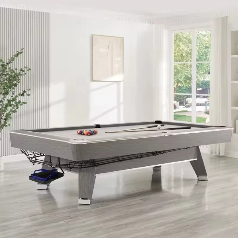 Tavolo da biliardo domestico standard americano con gambe in legno massello Ritorno a sfera e stecca Cuscini in ardesia Giochi da biliardo e biliardo inclusi