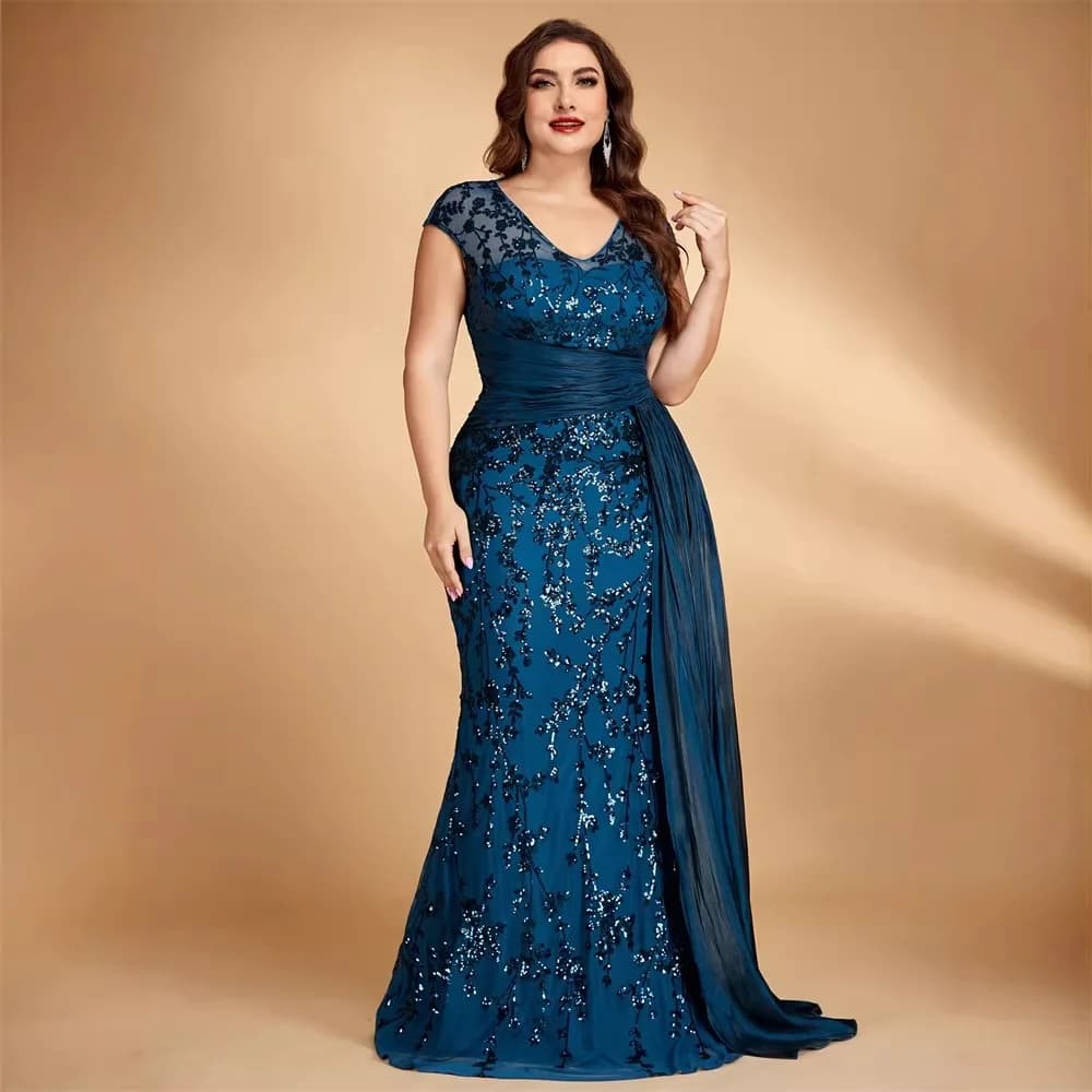 Plus Size Teal Mermaid Maxi Dress V Neck Cap Sleeve Floral Lace Sequins Ruched Waist Side Chiffon Sash Mother of Bride Gown