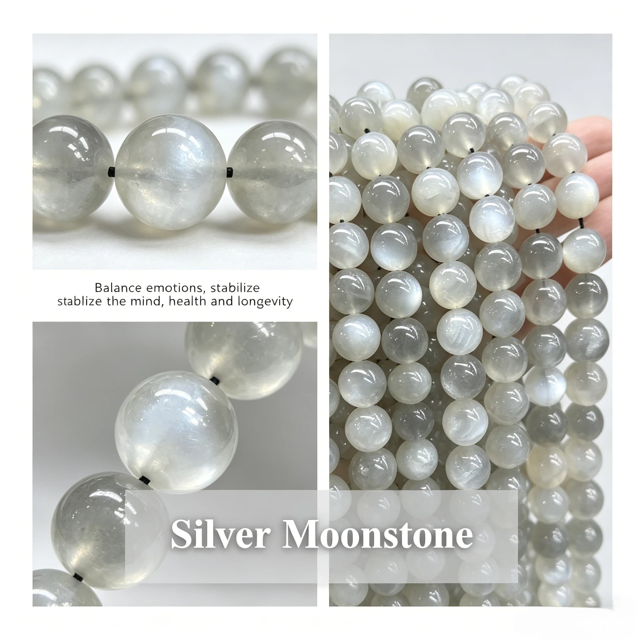 Perline di Pietra di Luna Naturale Rotonde da 6, 8, 10 mm, Gemme in Argento per Creazione Fai-da-te di Bracciali, Collane, Orecchini e Accessori per Gioielli