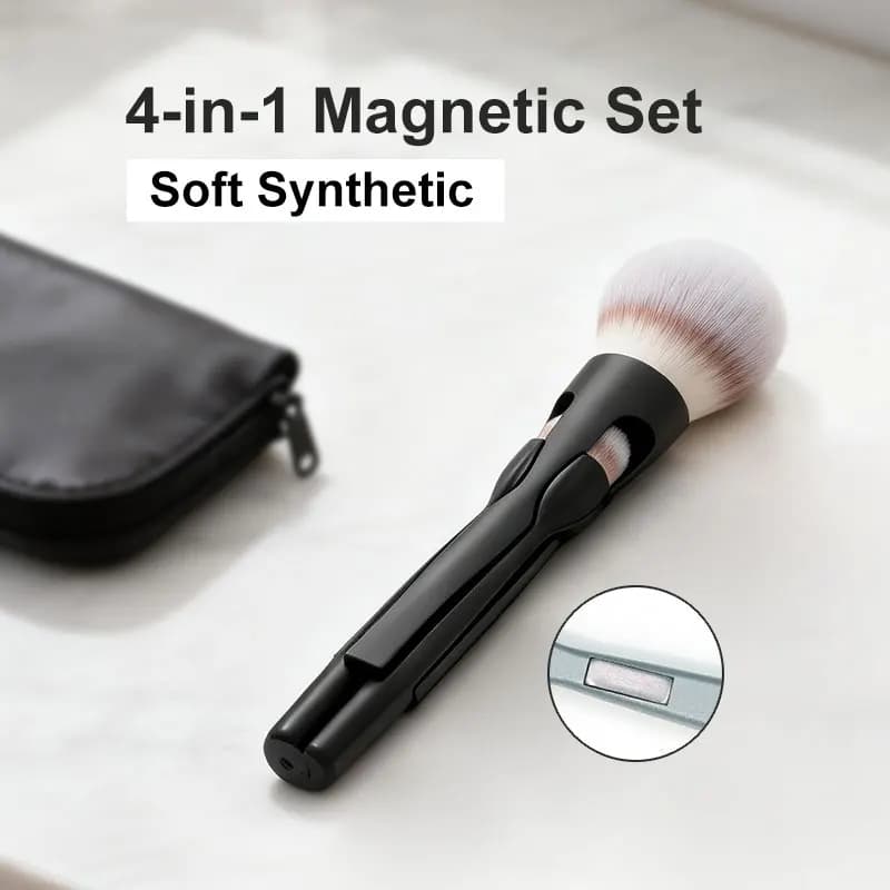 Set of 4-in-1 Magnetic Makeup Brushes, 4 Pieces, Travel Laptops, with Soft Synthetic Setoles for Fondotinta, Cipria and Blush, Professional Beauty Tools