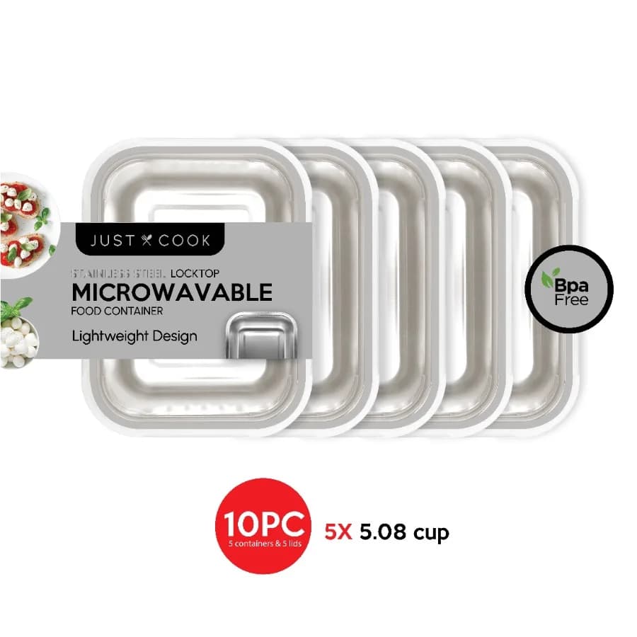 Stainless Steel Metal Microwave Food Storage Container Set, 10 Piece Set - 5 34OZ or 4.25 Cup Containers, Ideal Use for Meal Pr