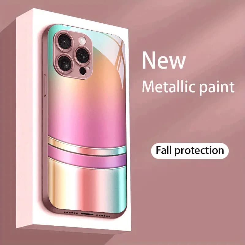Pink gold gradient metallic paint glass phone case suitable for iPhone 17 16 15 14 13 12 11 Pro/Max/Plus shockproof back cover