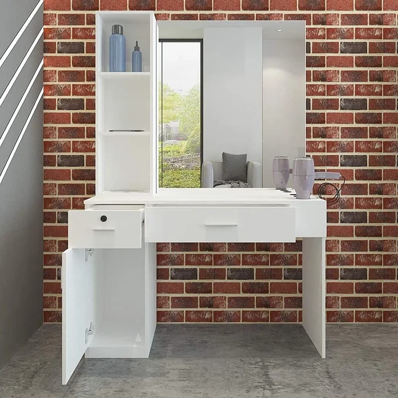 Tavolo Integrato con Specchio per Salone di Bellezza, Studio Fotografico, Tavolo per Trucco, Tavolo da Barbiere con Asciugacapelli