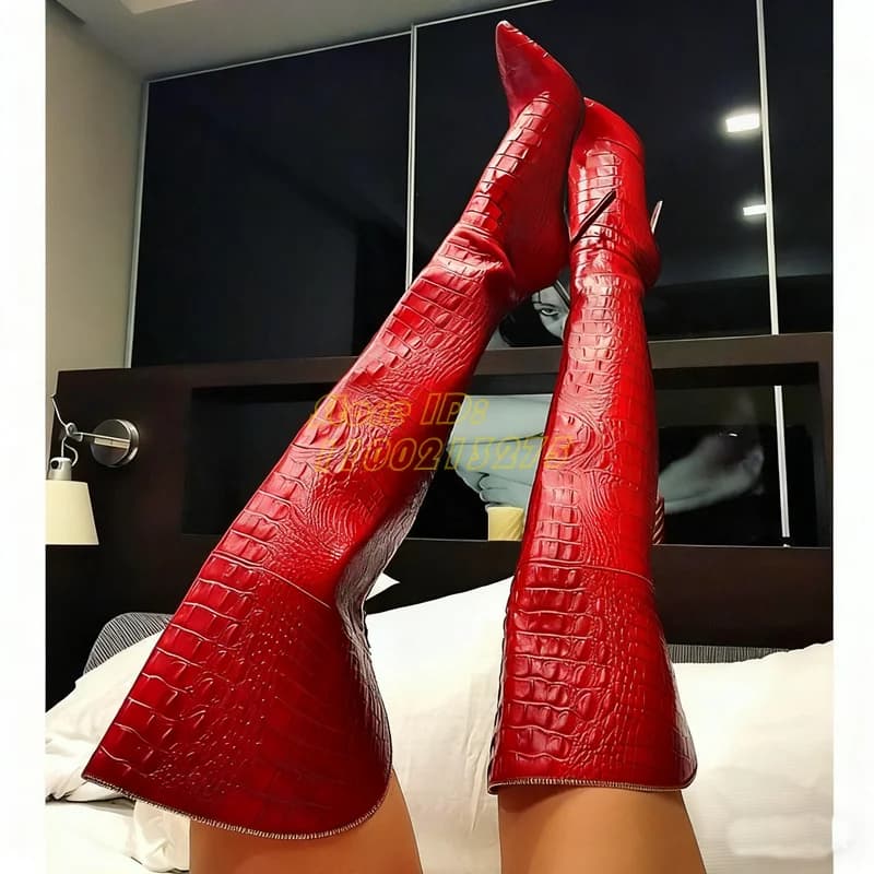 Crocodile High Thigh Boots Stiletto Heel Slim High Heel Hot Toe Hinge Waist 2026 Women's Stylish Shoes Winter On Knee