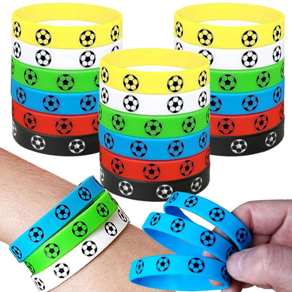6-42pcs Soccer Silicone Wristband 6 Designs Green Black White Rubber Bracelets for Sport Events Soccer Birthday Party Favors