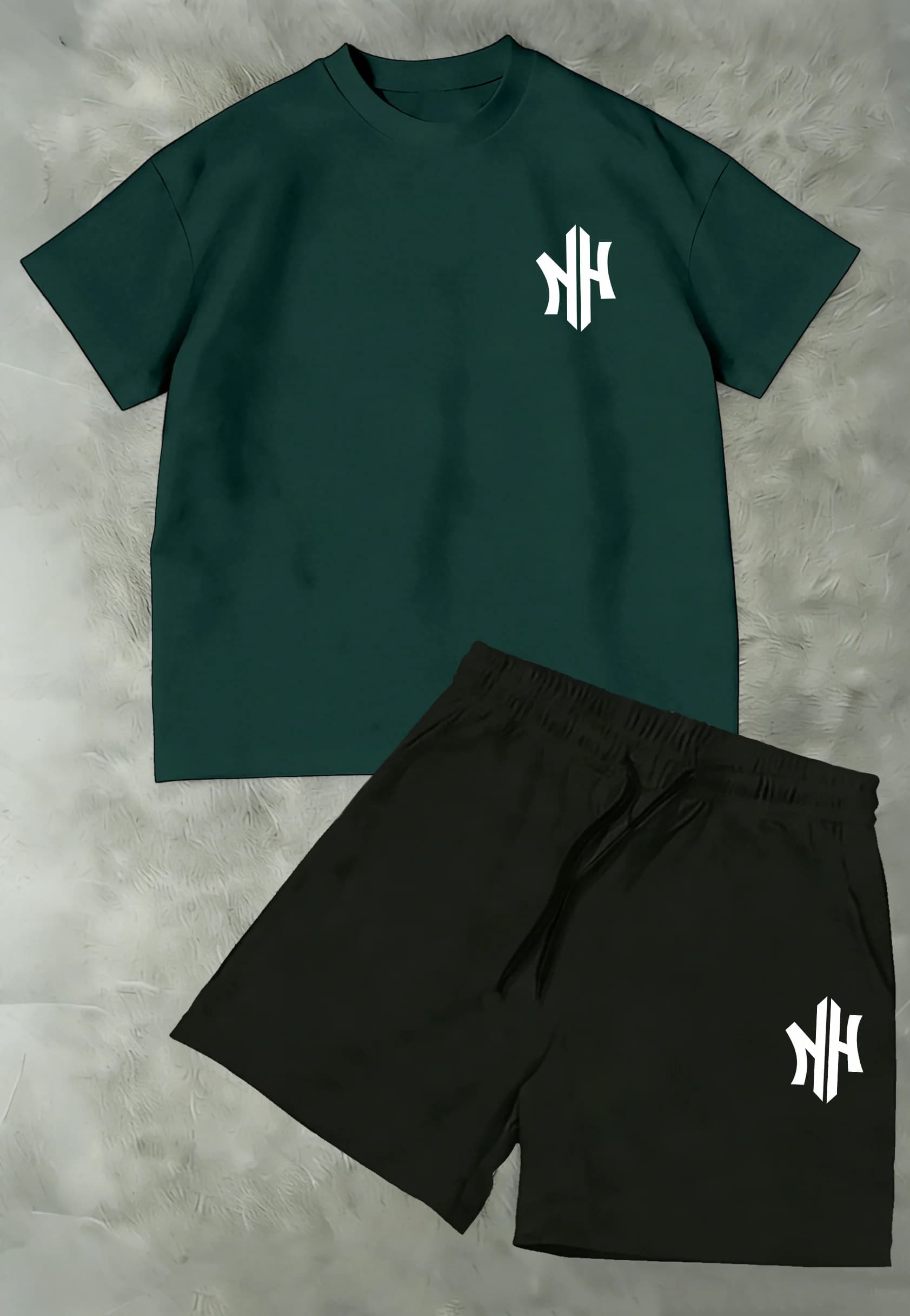 Men's Casual Summer Outfit, Green Printed T-Shirt + Black Shorts, Versatile for Daily, Festivals & Street Style