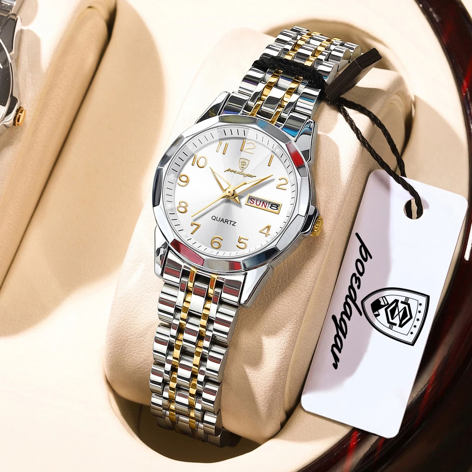 POEDAGAR elegant woman watch, waterproof, bright, with date and day of the week, high quality stainless steel, quartz.