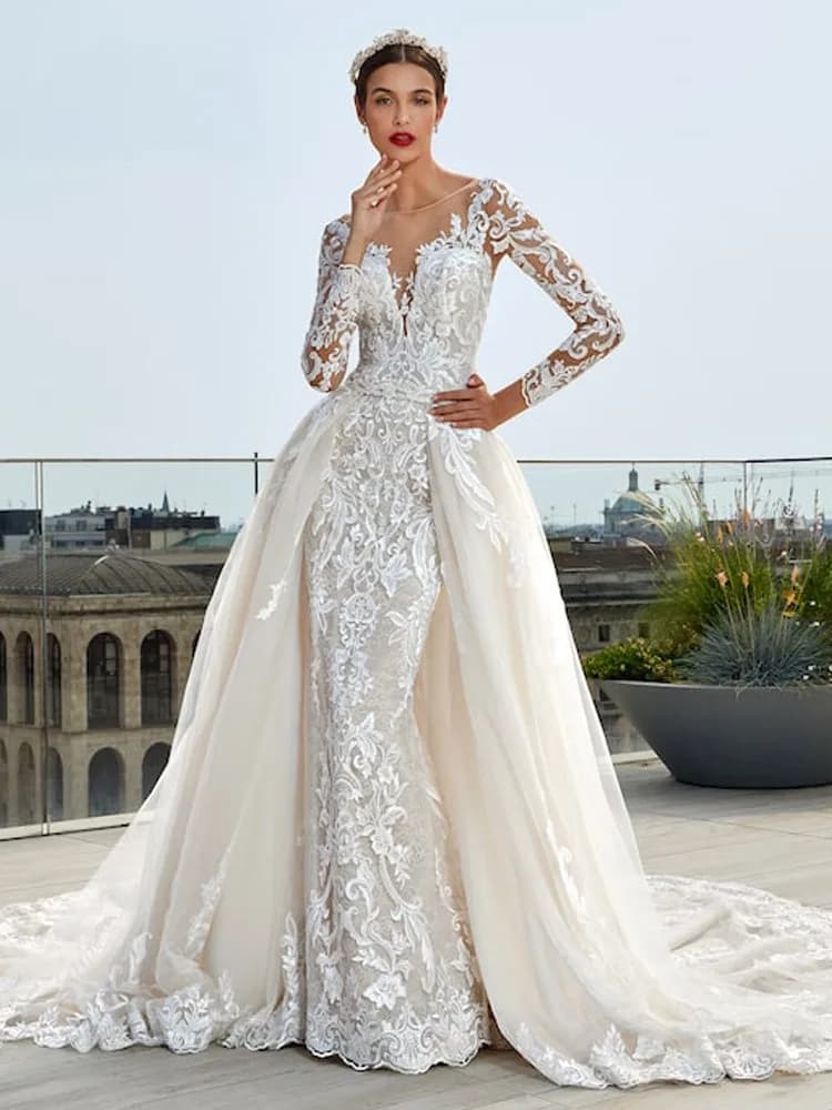 Abiti da sposa a sirena di lusso per le donne Sheer O-Collo maniche lunghe treno staccabile applicazioni di pizzo abito da sposa Robe De Mariee