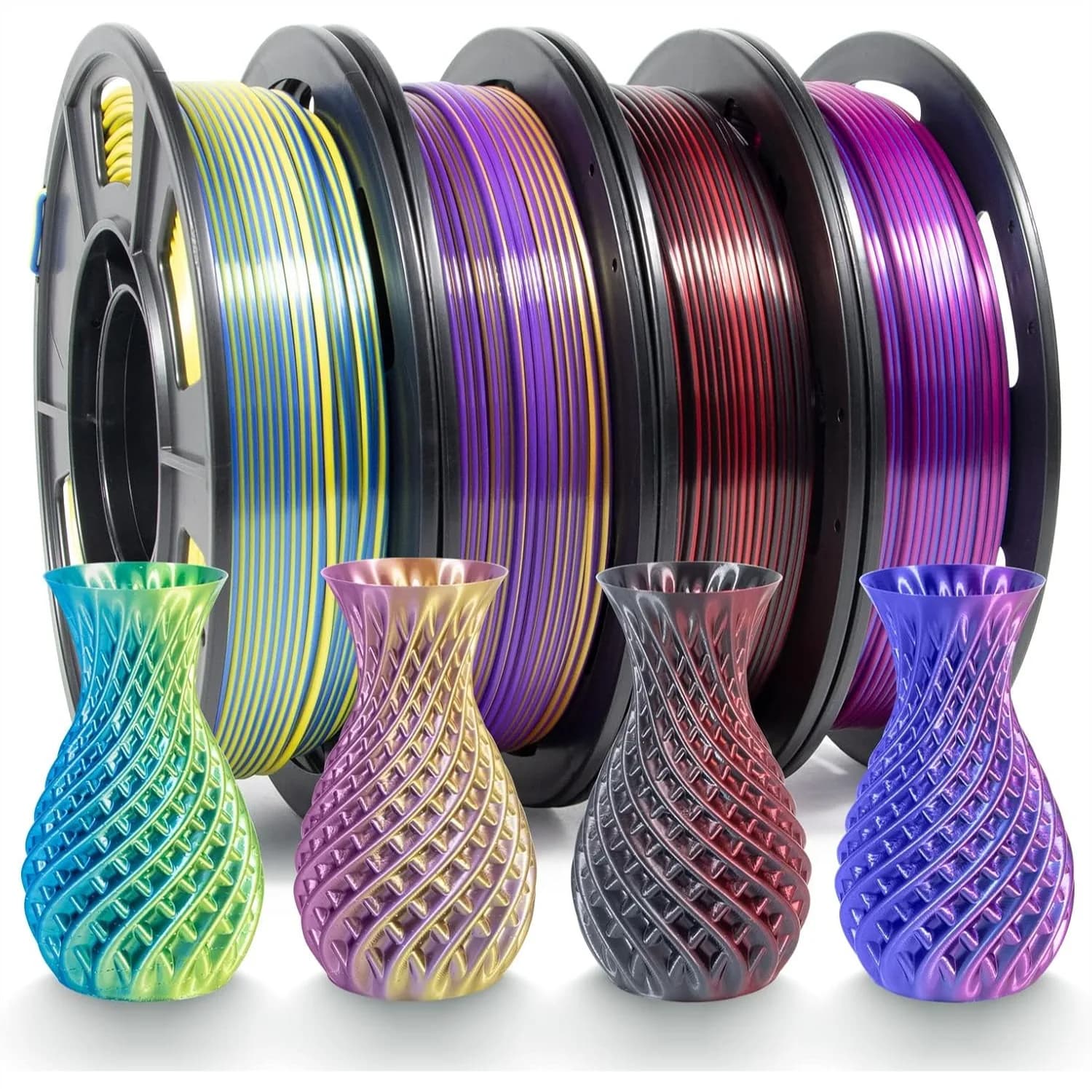 Filamento PLA per Stampante 3D 1.75mm Bicolore, PLA Effetto Seta con Precisione Dimensionale +/-0.03mm, Confezione da 4 x 250g con Cambio Colore