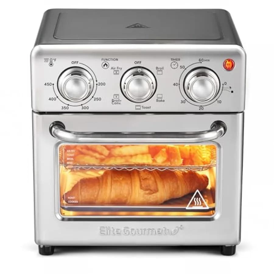 8.5 litre air frying oven with stainless steel exterior silver color, convection cooking, time and temperature controls, 800 Watt included