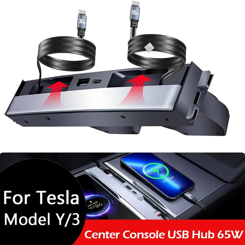 Hub USB da 65W per Tesla Model Y Juniper 2026, Caricatore Rapido per Model 3 Highland, Hub USB a 4 Porte Retrattile per Ricarica Telefono