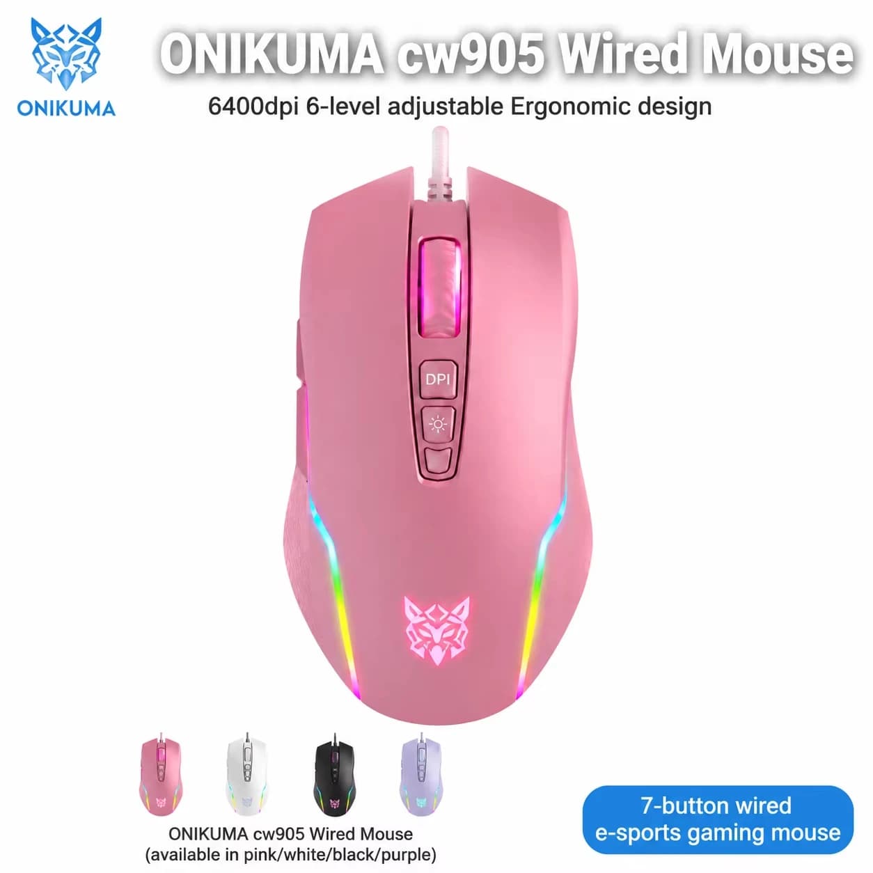 Wired Gaming Mouse 6400DPI 7 Buttons Ergonomic RGB Backlit Optical Mice for PC Laptop Desktop Gamer Pink White Purple