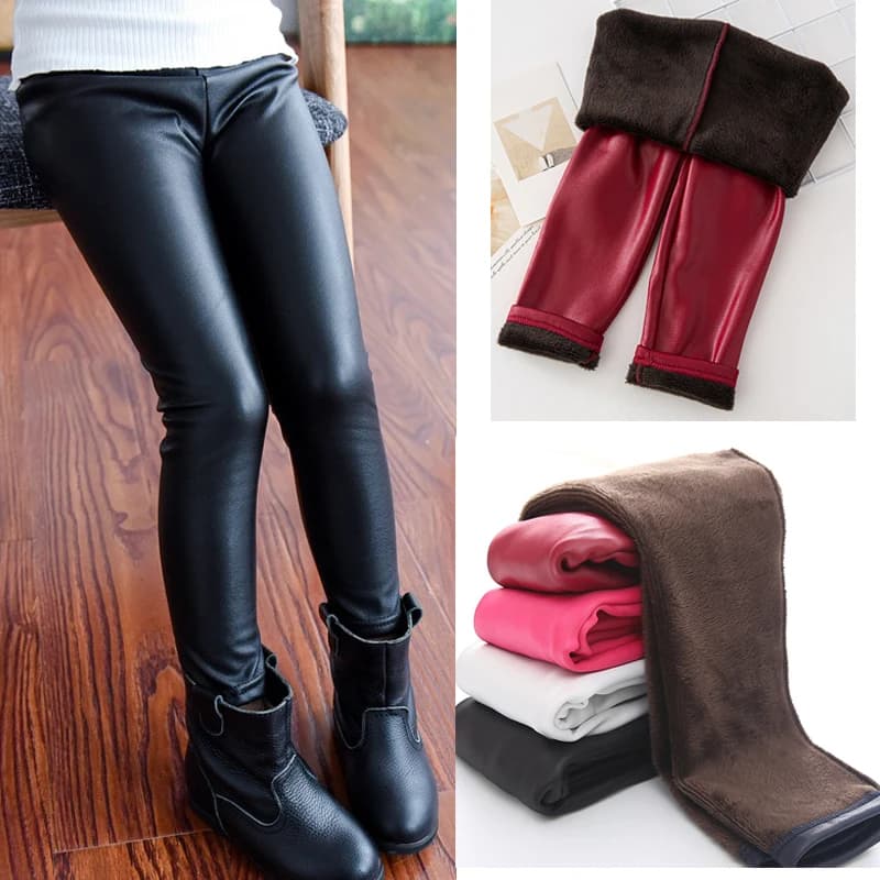 1pcs Autumn Winter Kids Leggings Children Solid Velvet Warm Trousers Girls Casual Leather Pencil Pants Cute Toddler Leegings