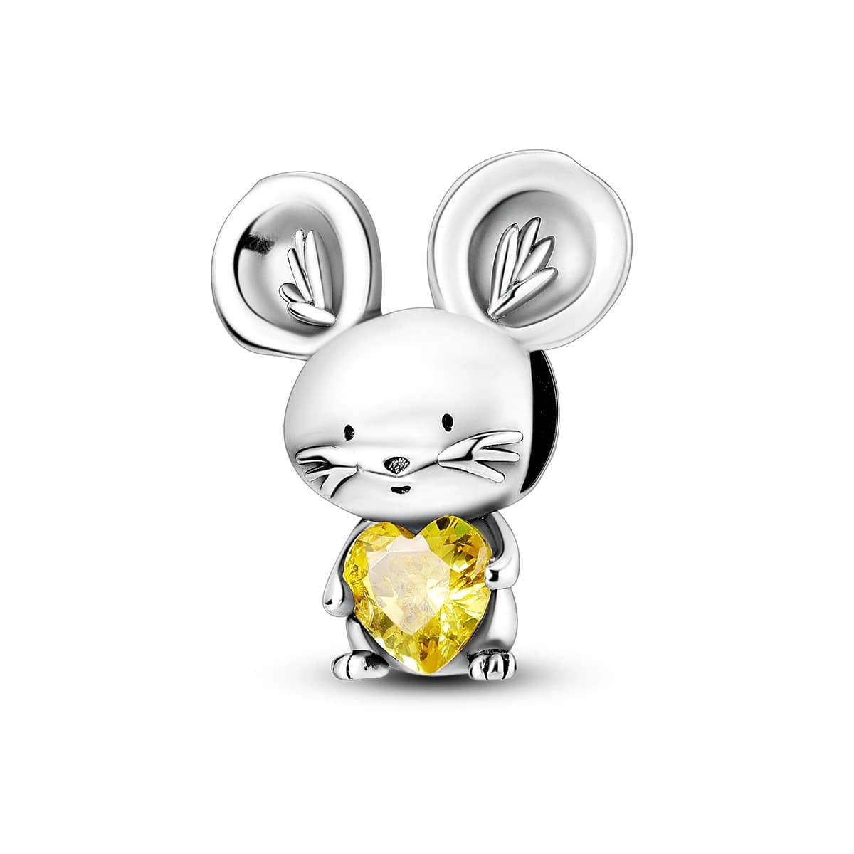 Charm in Argento Sterling 925 a Forma di Topo con Grandi Orecchie e Cuore Giallo in Zirconia Cubica, Ciondolo Pendente per Bracciali, Adorabile Gioiello Animale per Donne e Ragazze