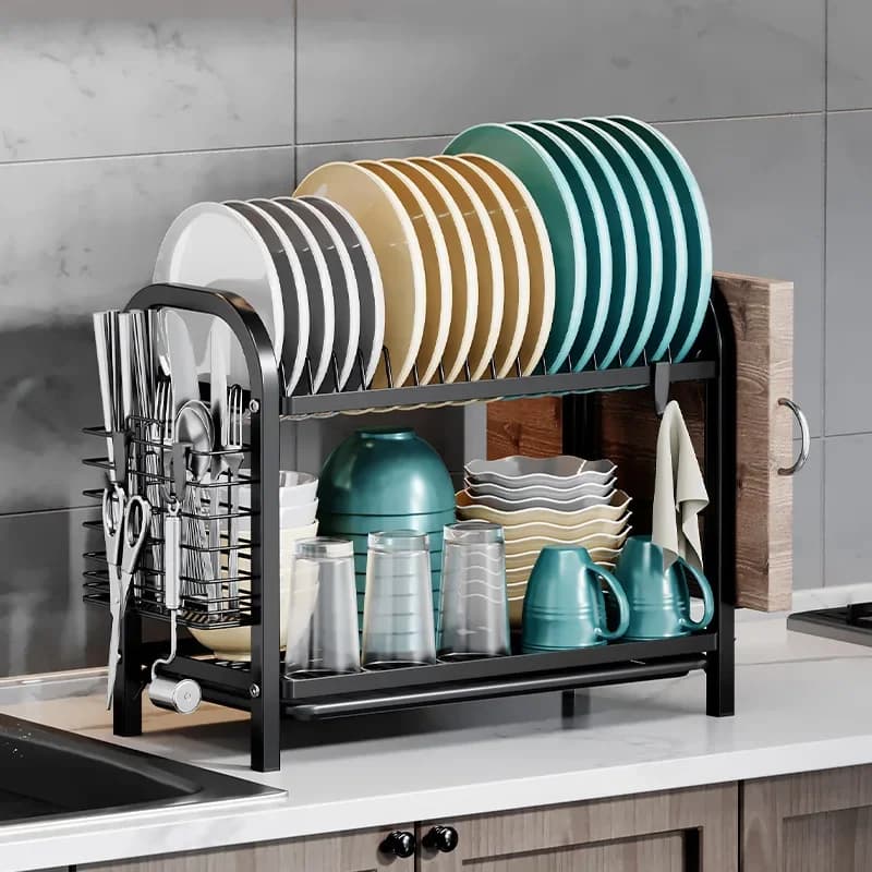 Organizer for 2-level dishes with drain tray, space saving kitchen shelves for plates, knives, forks and cutters